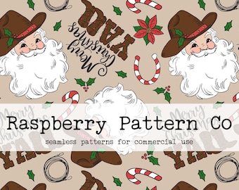 Frohe Weihnachten ihr, Cowboy Santa Musterdesign für kommerzielle Nutzung, Weihnachten nahtloses Wiederholungsmuster, Western Santa Weihnachten nahtlos