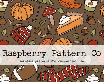 May include: A seamless pattern featuring autumnal elements like pumpkins, leaves, acorns, a football, a scarf, a hat, a pie, and a mushroom. The pattern is on a brown background and has the text "Raspberry Pattern Co. seamless patterns for commercial use".
