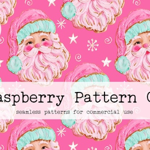 Peut inclure: Motif sans couture avec des visages de Père Noël aux bonnets et barbes roses, bordés de menthe. Fond rose vif avec des étoiles et flocons blancs. Le texte "Raspberry Pattern Co" et "DIGITAL DOWNLOAD" est également présent.