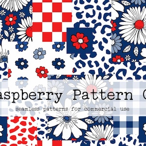 Op de afbeelding: Een digitale download van 10 naadloze patronen in rood, wit en blauw. De patronen omvatten een geruit patroon, een luipaardprint en een bloemenpatroon met witte madeliefjes en rode bloemen op een blauwe achtergrond. De tekst "Raspberry Pattern Co. seamless patterns for commercial use" wordt weergegeven op een witte banner.