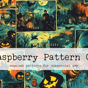 May include: A digital download of a seamless pattern featuring a Halloween theme with a comic book style. The pattern includes images of pumpkins, houses, bats, and a spooky figure. The text "Raspberry Pattern Co. seamless patterns for commercial use" is displayed at the bottom of the image.