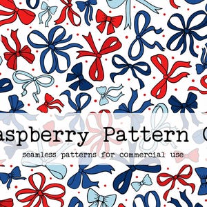 May include: A seamless pattern featuring red, blue and light blue bows on a white background. The pattern is perfect for commercial use. The text "Raspberry Pattern Co. seamless patterns for commercial use" is at the bottom of the image.
