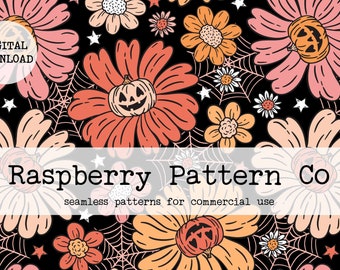 Jack O Lantern Pumpkin Floral Seamless Pattern para uso comercial, calabaza floral de Halloween sin costuras, telaraña espeluznante sin costuras