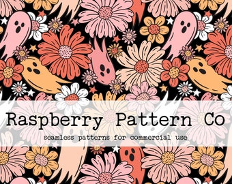 Floral Ghosts Halloween Seamless Pattern File, Pastel Halloween seamless, bat skull pumpkin seamless, Spooky Creepy Cute Halloween seamless,