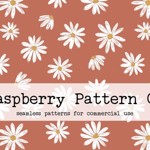 May include: A seamless pattern featuring white daisies with yellow centers on a terracotta background. The text "Raspberry Pattern Co. seamless patterns for commercial use" is displayed on a white banner.