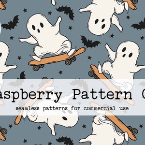 Skateboard Ghosts seamless, Halloween Seamless Pattern, Ghost bat skull pumpkin seamless, Boy Halloween seamless, Creep it Real seamless