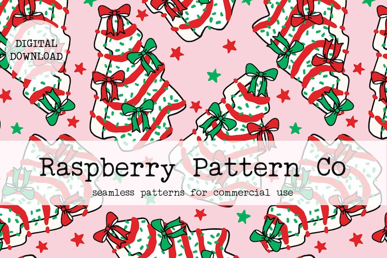 May include: A seamless pattern featuring red and green Christmas trees with white and red stripes, green bows, and red bows on a pink background. The text "Raspberry Pattern Co. seamless patterns for commercial use" is at the bottom of the image.