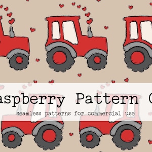 May include: A seamless pattern featuring red tractors with black wheels and a white cab.  The tractors are surrounded by small red hearts.  The text "Raspberry Pattern Co. seamless patterns for commercial use" is at the bottom of the image.