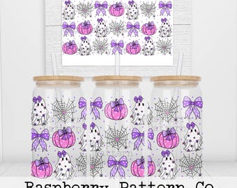 Cute Coquette Ghost Halloween Glass Can Wrap,Cute Ghost Pumpkin Spiderweb Bow 16 oz Glass Can Sublimation Design,Coquette Halloween Can Wrap
