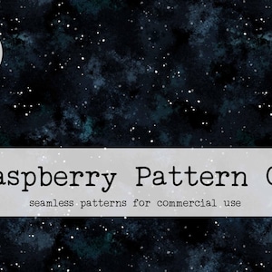 May include: Digital download graphic featuring a dark blue and teal galaxy pattern with white stars. The text "Raspberry Pattern Co" is displayed on a light gray banner, with "seamless patterns for commercial use" below.