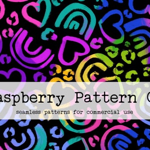 Puede incluir: Un patrón sin costuras con corazones y arcos de color rosa brillante, azul, verde y amarillo sobre un fondo negro. El patrón es perfecto para usar en proyectos comerciales.