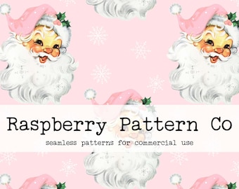 Pink Retro Vintage Santa Seamless Pattern for Commercial Use, Pink Christmas seamless repeat pattern, Pink Santa seamless, retro Christmas