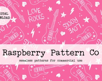 May include: A seamless pattern featuring white electric guitars, stars, hearts, and the text "Love Rocks" on a pink background.