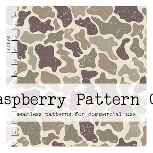 May include: Digital download of a seamless pattern featuring abstract shapes in shades of brown, beige, and olive green. The pattern is displayed with a ruler showing measurements in inches. The text "Raspberry Pattern Co" and "seamless patterns for commercial use" are also visible.