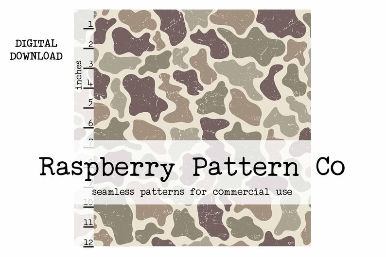 May include: Digital download of a seamless pattern featuring abstract shapes in shades of brown, beige, and olive green. The pattern is displayed with a ruler showing measurements in inches. The text "Raspberry Pattern Co" and "seamless patterns for commercial use" are also visible.