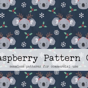 May include: A seamless pattern featuring cute cartoon koalas wearing red reindeer antlers and red and white striped scarves. The background is a dark blue colour with white snowflakes, green holly leaves, and red berries.
