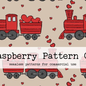 May include: A seamless pattern featuring a red train carrying a box full of red hearts. The train is on a beige background with scattered red hearts.