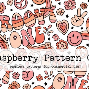 Può includere: Uno schema senza cuciture con un design in stile anni '70 con simboli di pace, arcobaleni, facce sorridenti, cuori e fiori in rosa, arancione e bianco.