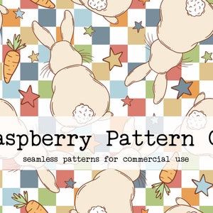 May include: A seamless pattern featuring white bunnies with brown tails, carrots, and five-pointed stars on a checkered background with red, blue, green, and yellow squares. The text "Raspberry Pattern Co. seamless patterns for commercial use" is at the bottom of the image.