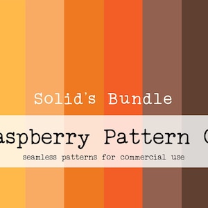 Pode incluir: Uma paleta de cores com uma gama de tons quentes, do amarelo claro ao castanho escuro. O texto "Solid's Bundle" e "Raspberry Pattern Co" são exibidos, juntamente com a frase "seamless patterns for commercial use".