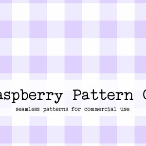May include: A seamless pattern with alternating white and light purple squares. The text "Raspberry Pattern Co. seamless patterns for commercial use" is at the bottom of the image.