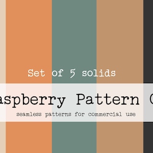 May include: Set of 5 solid color swatches in beige, orange, teal, brown, and black. The text "Raspberry Pattern Co. seamless patterns for commercial use" is below the swatches.