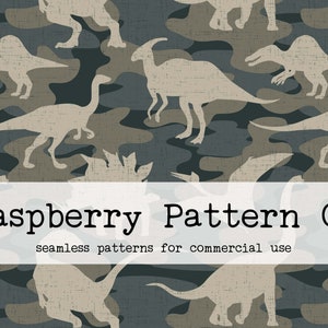 May include: A seamless pattern featuring silhouettes of various dinosaurs in a camouflage pattern of brown, gray, and blue. The pattern is titled "Raspberry Pattern Co. seamless patterns for commercial use."