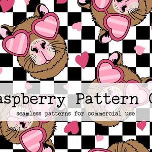 May include: A repeating pattern featuring a cartoon bear wearing heart-shaped sunglasses. The bear is brown with pink accents, set against a black and white checkered background with pink hearts. Text reads "Raspberry Pattern Co" and "DIGITAL DOWNLOAD".