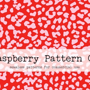 May include: A seamless pattern featuring a red background with pink leopard spots. The text "Raspberry Pattern Co. seamless patterns for commercial use" is displayed on a pink banner.