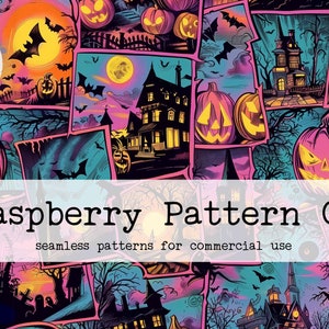 Könnte beinhalten: Ein nahtloses Muster mit Halloween-Thema, das eine Collage aus Bildern zeigt, darunter ein Spukhaus, Kürbisse, Fledermäuse und einen Vollmond. Das Muster ist in einer leuchtenden Farbpalette aus Pink, Lila, Blau und Gelb gehalten.