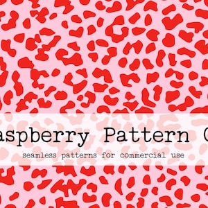 May include: A seamless pattern design with red leopard spots on a pale pink backdrop. The image includes the text "Raspberry Pattern Co" and "seamless patterns for commercial use".