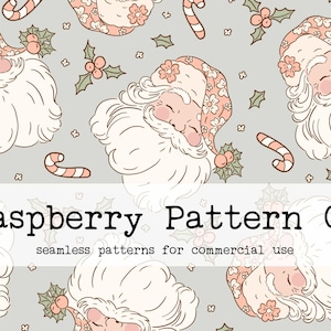 Boho Floral Retro Vintage Santa Seamless Pattern for Commercial Use, Christmas seamless repeat pattern, Santa seamless, blue boho christmas