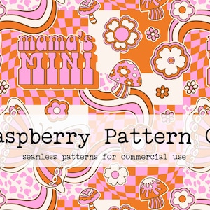 May include: A seamless pattern featuring a pink and orange checkered background with pink and orange butterflies, mushrooms, and flowers. The text "mama's mini" is written in pink letters on a white background. The text "Raspberry Pattern Co. seamless patterns for commercial use" is written in black letters on a white background.