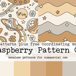 May include: Two seamless patterns featuring a retro space theme with planets, stars, and flowers in shades of brown, beige, and white. The text "2 patterns plus free coordinating solids Raspberry Pattern Co seamless patterns for commercial use" is displayed below the patterns.