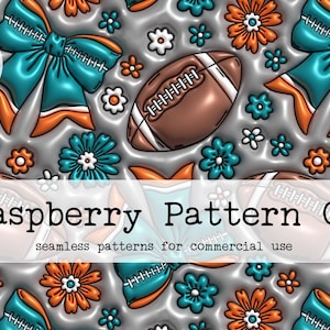 May include: Seamless pattern featuring teal and orange bows, brown footballs, and orange and blue flowers on a silver background. The text "Raspberry Pattern Co. seamless patterns for commercial use" is at the bottom of the image.