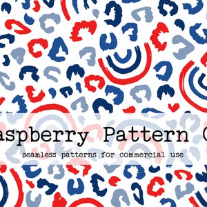 May include: Seamless pattern featuring red, blue and grey abstract shapes on a white background. The text "Raspberry Pattern Co. seamless patterns for commercial use" is at the bottom of the image.