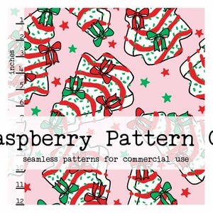 May include: A seamless pattern featuring pink, green, and red Christmas trees with white stripes and green bows. The background is a light pink color with scattered green stars.