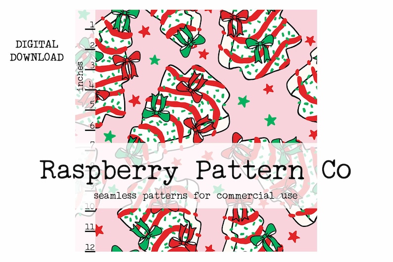 May include: A seamless pattern featuring pink, green, and red Christmas trees with white stripes and green bows. The background is a light pink color with scattered green stars.