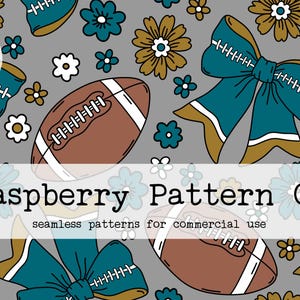 May include: A seamless pattern featuring teal blue bows, brown footballs, and gold and white flowers on a gray background. The text "Raspberry Pattern Co. seamless patterns for commercial use" is at the bottom of the image.