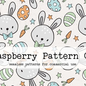 May include: A seamless pattern featuring gray bunnies with blue bow ties, green and white striped eggs, orange eggs with white polka dots, carrots, and stars on a light beige background. The text "Raspberry Pattern Co. seamless patterns for commercial use" is at the bottom of the image.