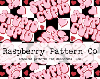 May include: A seamless pattern featuring the phrase "Stupid Cupid" in pink bubble letters on a black and white chequered background.  Small pink hearts are scattered throughout the pattern.