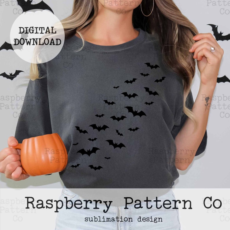 May include: A gray t-shirt with a design of black bats flying in a diagonal line. The text "Raspberry Pattern Co. sublimation design" is at the bottom of the image.