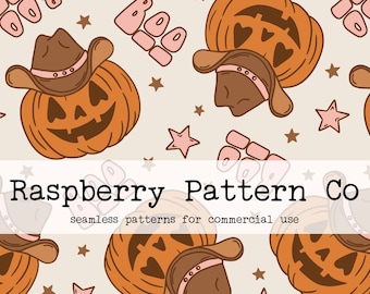 Howdy Pumpkin Jack O Lantern Seamless Pattern for Commercial Use, halloween western cowboy pumpkin seamless, spooky cute halloween seamless