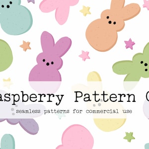 May include: A seamless pattern featuring pastel-colored bunny and star shapes on a white background. The text "Raspberry Pattern Co" and "DIGITAL DOWNLOAD" are also visible. This design is suitable for commercial use.