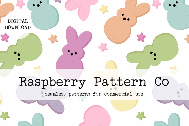 Op de afbeelding: Een naadloos patroon met pastelkleurige konijn- en stervormen op een witte achtergrond. De tekst "Raspberry Pattern Co" en "DIGITALE DOWNLOAD" zijn zichtbaar. Dit ontwerp is voor commercieel gebruik.