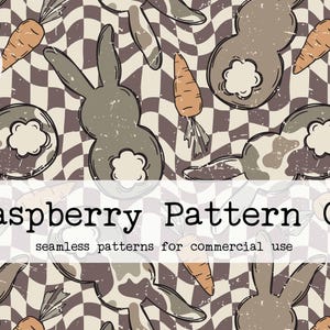 May include: Seamless pattern featuring bunnies, carrots, and a checkered background in shades of brown, tan, and white. The design includes the text "Raspberry Pattern Co" and "DIGITAL DOWNLOAD".
