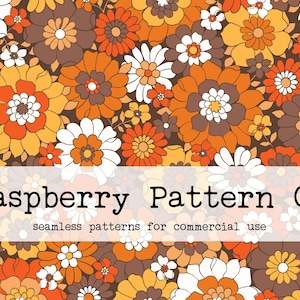May include: A seamless pattern featuring a retro floral design with orange, yellow, white, and brown flowers on a brown background. The text "Raspberry Pattern Co. seamless patterns for commercial use" is displayed on a white banner.