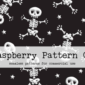 May include: A seamless pattern featuring white skeletons with a black background. The skeletons are in various poses and have a cartoonish style. The background is dotted with white stars.