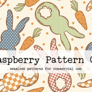 May include: A seamless pattern featuring a repeating design of bunnies with different patterned fabric designs, carrots, and small orange dots on a light beige background. The text "Raspberry Pattern Co. seamless patterns for commercial use" is at the bottom of the image.