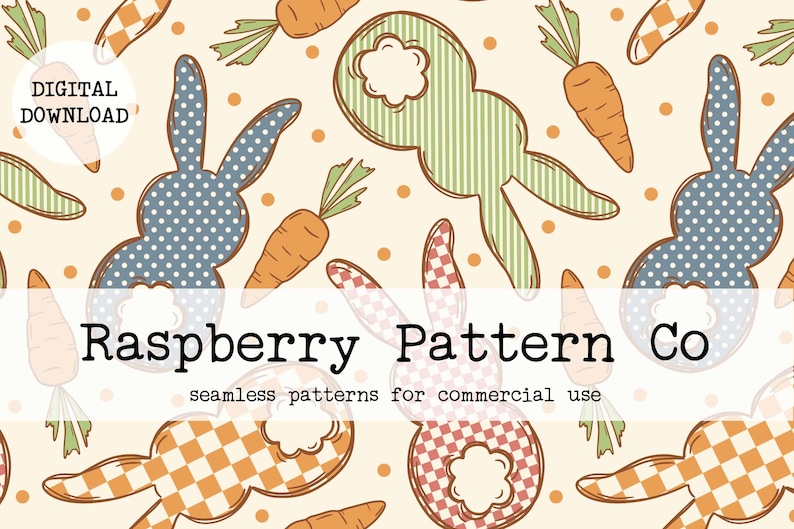 Puede incluir: Un patr&oacute;n sin costuras que presenta un dise&ntilde;o repetitivo de conejos con diferentes dise&ntilde;os de tela estampada, zanahorias y peque&ntilde;os puntos naranjas sobre un fondo beige claro. El texto "Raspberry Pattern Co. seamless patterns for commercial use" est&aacute; en la parte inferior de la imagen.